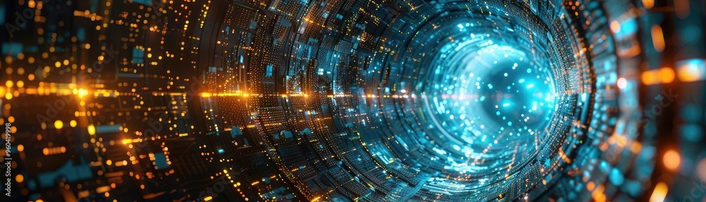 Poster futuristic digital tunnel with glowing particles and vibrant colors, symbolizing advanced technology