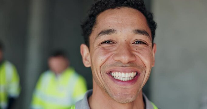 Man, face and contractor with smile for construction, industrial ambition and building renovation of development. Happy, male architect and site inspection with maintenance for infrastructure project