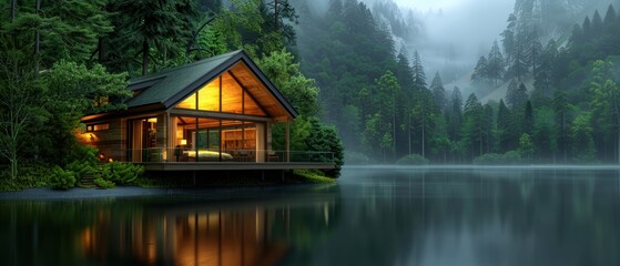Obraz premium Tranquil Mountain Cabin: of a Serene Retreat by the Lake