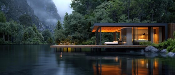 Obraz premium Tranquil Mountain Cabin Oasis - Detailed ing of Secluded Retreat in Forested Alpine Setting with Pristine Lake View