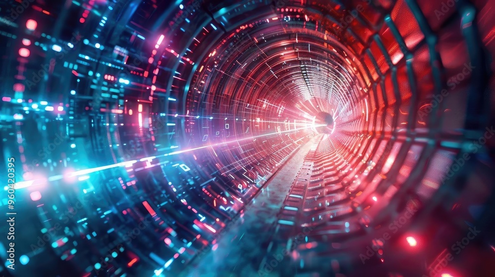 Poster Futuristic digital tunnel illuminated with vibrant lights, showcasing an abstract, high-tech design and dynamic energy flow.