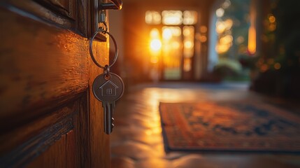 Unlocking New Beginnings - Concept of Hope and Opportunity in Bright Interior with Key and House Keychain in Focus