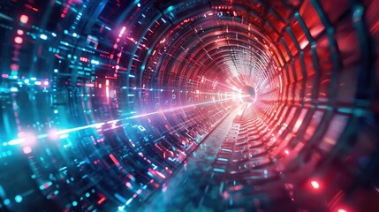 Fototapeta premium Futuristic digital tunnel illuminated with vibrant lights, showcasing an abstract, high-tech design and dynamic energy flow.