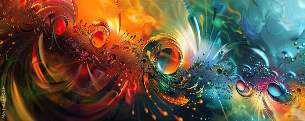 Poster a vibrant abstract artwork showcasing colorful swirls and dynamic droplets, perfect for adding energ