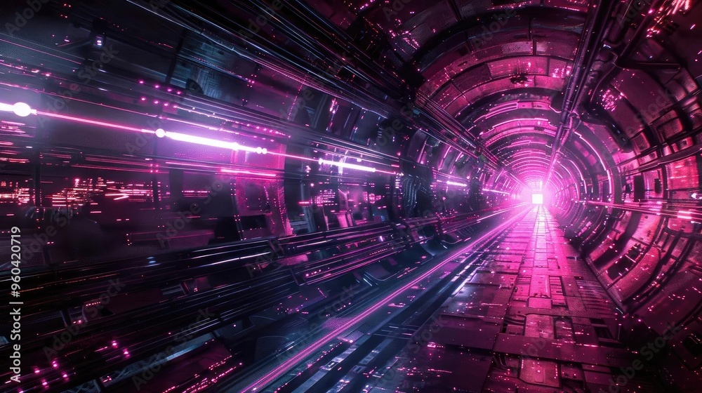 Poster futuristic tunnel with vibrant pink lights and dynamic movement, creating a sense of speed and moder