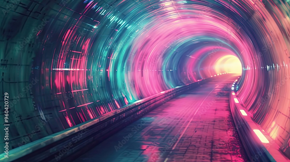 Poster a vibrant, illuminated tunnel with swirling colors, leading to an ethereal light, creating a futuris