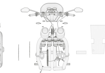 Disassembled motorcycle on a white background. Unique design. 