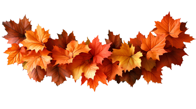 dried up maple leaf garland top view png. Orange maple leaves garland for autumn fall season flat lay isolated