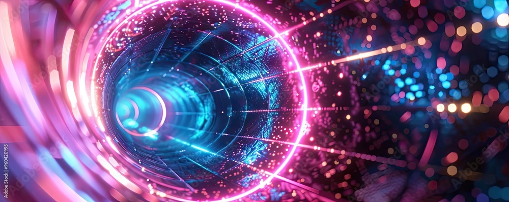Aufkleber Abstract tunnel design with vibrant neon colors and dynamic light trails creating a futuristic atmosphere.
