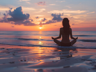 Fototapeta premium Woman practicing yoga or meditating on the beach at sunrise
