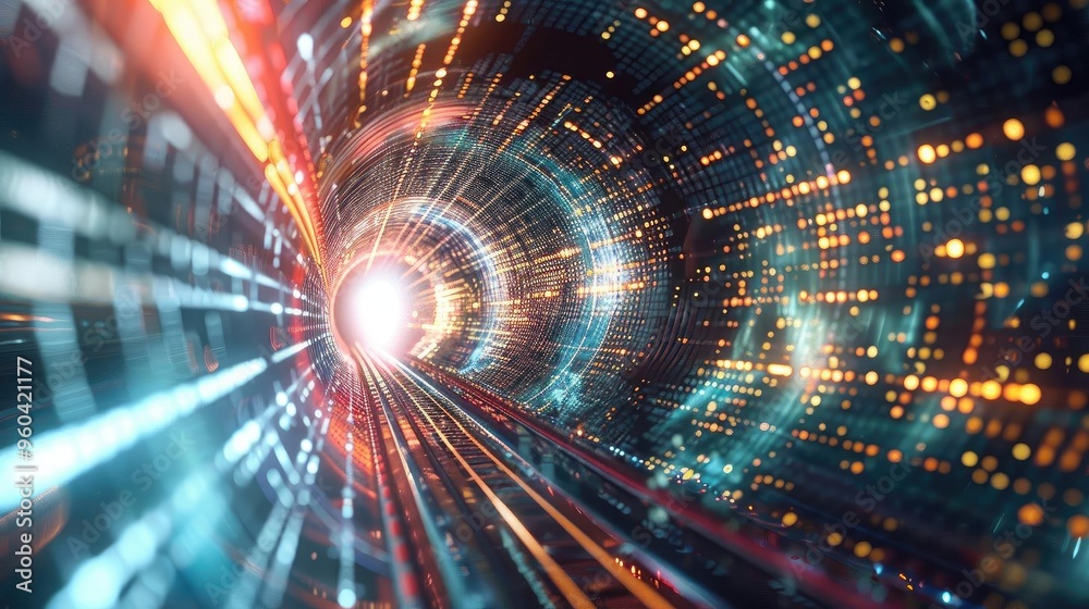 Poster a captivating abstract tunnel of light, conveying a sense of speed and dimension with vibrant colors
