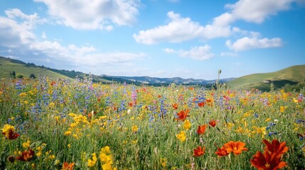 Fototapeta premium A peaceful meadow filled with colorful wildflowers, with a backdrop of rolling hills and a blue sky.