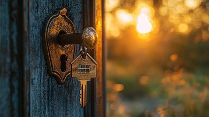 Welcoming New Home - Open Door with Key and Home-Shaped Keychain in Lock Symbolizing Bright Future and Inviting Property Ownership