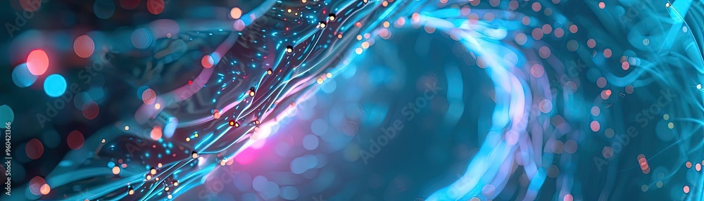 Poster a vibrant and dynamic abstract wave of colorful light, conveying energy and motion in a digital land
