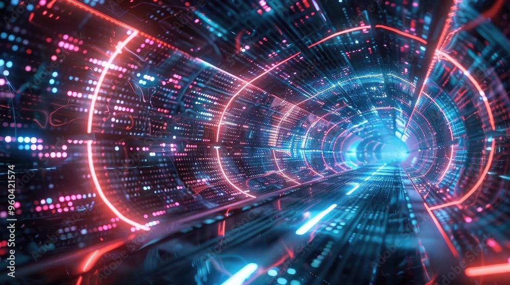 Poster Futuristic tunnel with glowing lights and dynamic energy effects, creating a sense of speed and depth in a digital landscape.