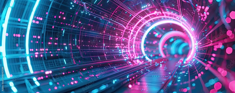 Aufkleber a vibrant digital tunnel illuminated with blue and pink lights, representing futuristic technology a