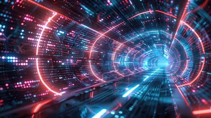 Fototapeta premium Futuristic tunnel with glowing lights and dynamic energy effects, creating a sense of speed and depth in a digital landscape.