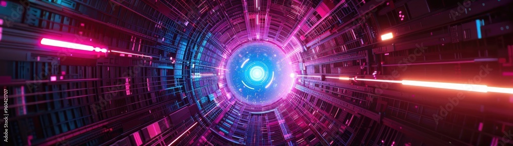 Poster A mesmerizing tunnel of vibrant colors and pulsating light beams, evoking a sense of depth and futuristic ambiance.