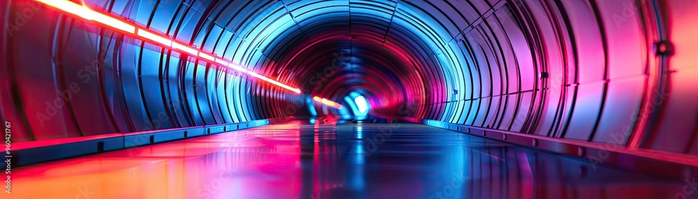 Poster futuristic tunnel illuminated with vibrant neon lights, creating a mesmerizing atmosphere for techno