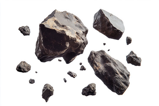 asteroid belt floating in space, white background, rocks and boulders, floating rock pieces