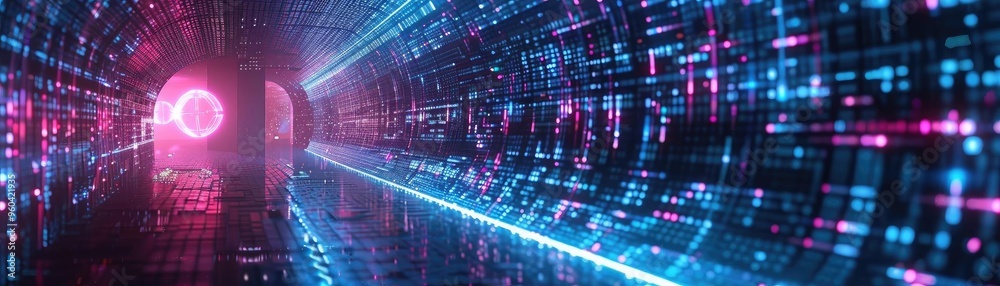 Poster Futuristic tunnel of light with glowing data streams, creating an immersive digital experience in vibrant colors.