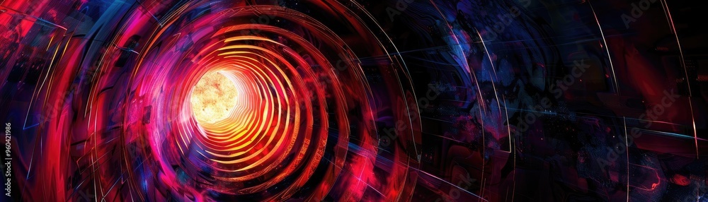 Poster a vibrant tunnel of swirling colors, merging light and abstract patterns, inviting exploration and c