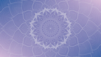 Round mandala on dreamy peach fuzz gradient background. Translucent mesh pattern in the form of a mandala. Mandala with floral patterns. Pastel Yoga template. Gradient background with round mandala