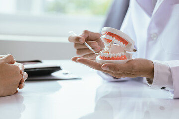 The dentist and patient will discuss oral health, including dentures and implants. The dentist will use models and instruments to ensure effective dental care and restoration of healthy teeth.