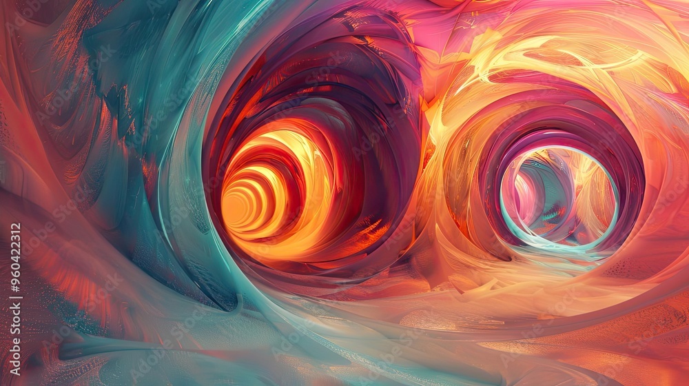 Poster Dynamic abstract art featuring swirling colors and luminous tunnels, creating an immersive and vibrant visual experience.