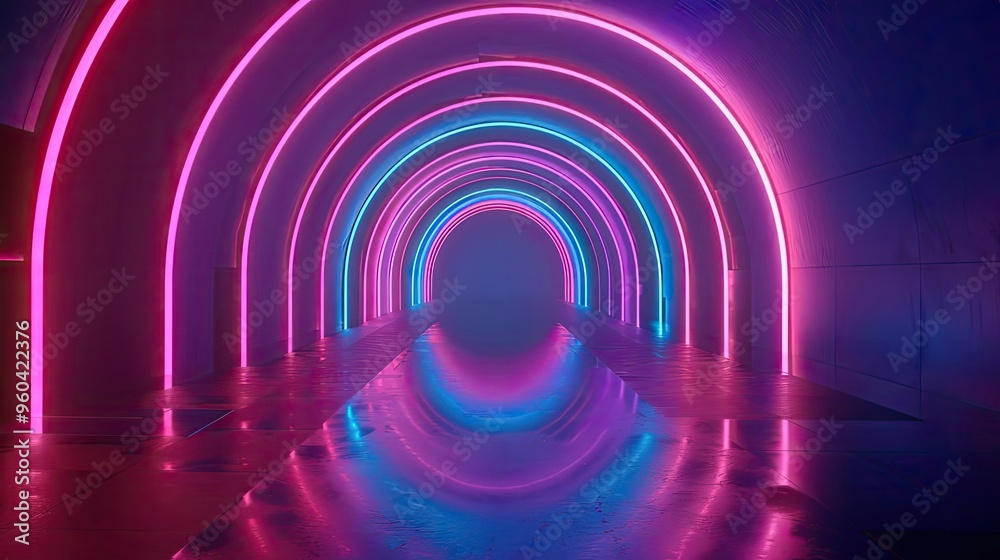 Poster A vibrant tunnel illuminated by neon lights, creating a mesmerizing reflection in a colorful and surreal atmosphere.