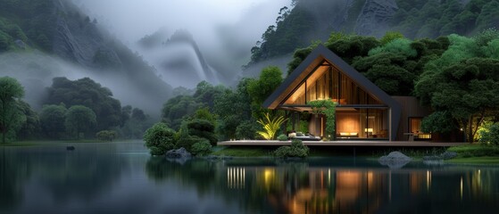 Fototapeta premium Tranquil Mountain Retreat - Detailed of Charming Cabins and Serene Scenery