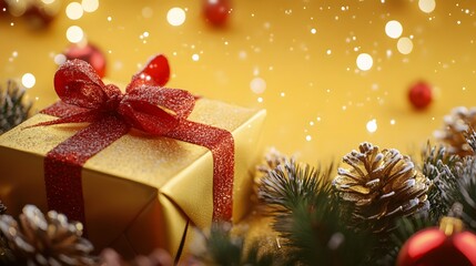 Christmas gift boxes collection, Christmas rope and Christmas balls, on a yellow background, banner for website