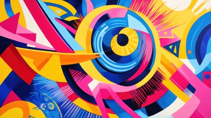 Obraz premium This artwork features a lively geometric abstract design adorned with swirling colors and shapes, capturing a sense of movement and energy