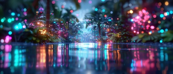Obraz premium Tropical Paradise Night: Vibrant of a Lively Beach Party with Colorful Lights and Festive Atmosphere