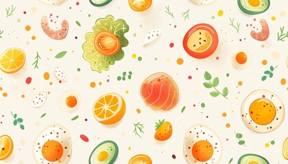 A seamless pattern featuring a variety of food items like eggs, orange slices, avocado halves, tomatoes, shrimp, and lettuce. Perfect for kitchen decor, fabric design, or wallpaper.