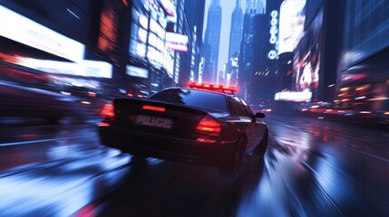 Fototapeta premium A blurred police car with flashing lights speeds through a rainy city street at night, capturing an intense urban scene.