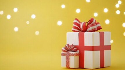 Obraz premium Christmas gift boxes collection, Christmas tape rope, on a yellow background, banner for website.