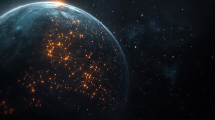 Obraz premium Planet with glowing neural connections in dark space. digital illustration depicting global network connection, future connectivity light