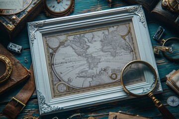 An antique world map framed on a wooden table surrounded by vintage nautical instruments and a magnifying glass. © MINMIN