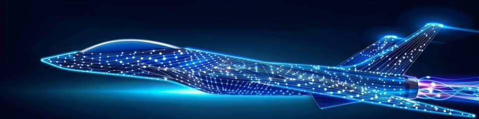 Digital high-speed fighter jet  in low poly wireframe, smart Advanced Military Technology,  ai aviation and defense systems, supersonic travel, Aerospace Engineering.
