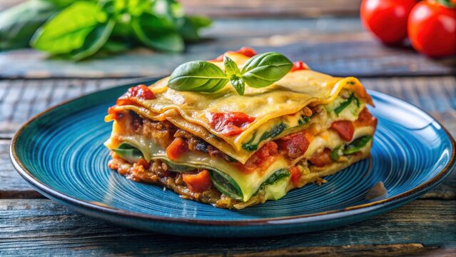 Vegetable lasagna on a blue plate, a delicious and hearty vegetarian homemade dish