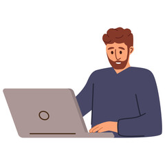 Office worker. Man is working at his laptop.Vector illustration cartoon.Software developer.The programmer at work.Working at home .Man use laptop