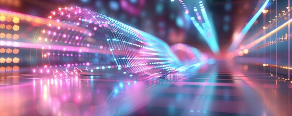 Obraz premium Futuristic Virtual Reality Landscape with Neon Grids and Trails