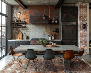 Industrial Modern Dining Room with Concrete Table, Metal Chairs, and Brick Walls