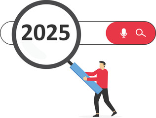 Person holding magnifying glass for search box. Business opportunities or career challenges. 2025 job research. Flat vector illustration

