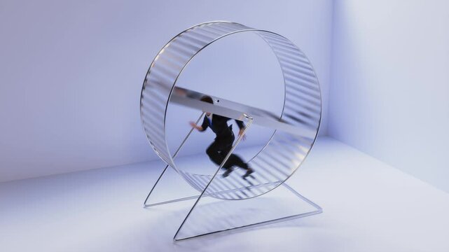 3d rendered animation of man on a treadmill running, working hard and going nowhere.  Model in video is also 3D rendered.