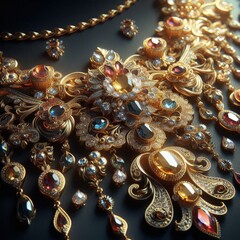 The image showcases an ornate, golden bracelet with intricate filigree work. The centerpiece features a large, detailed flower adorned with a blue gem at its core. 