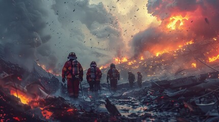 Firefighters bravely battle a massive inferno, amidst a scene of devastation and destruction.