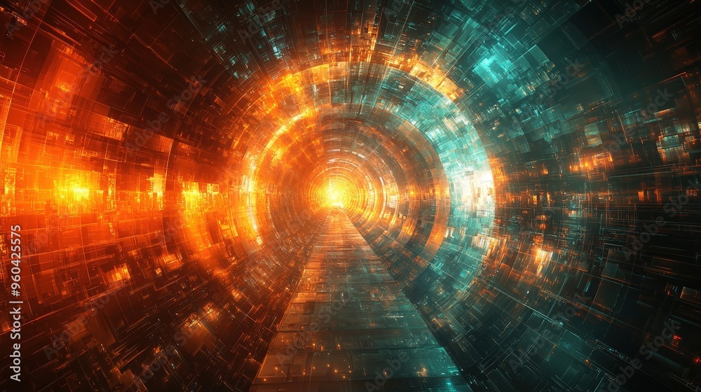 Fototapete A striking abstract representation of a tunnel filled with dynamic orange and teal lights, evoking a sense of movement and exploration through a digital realm