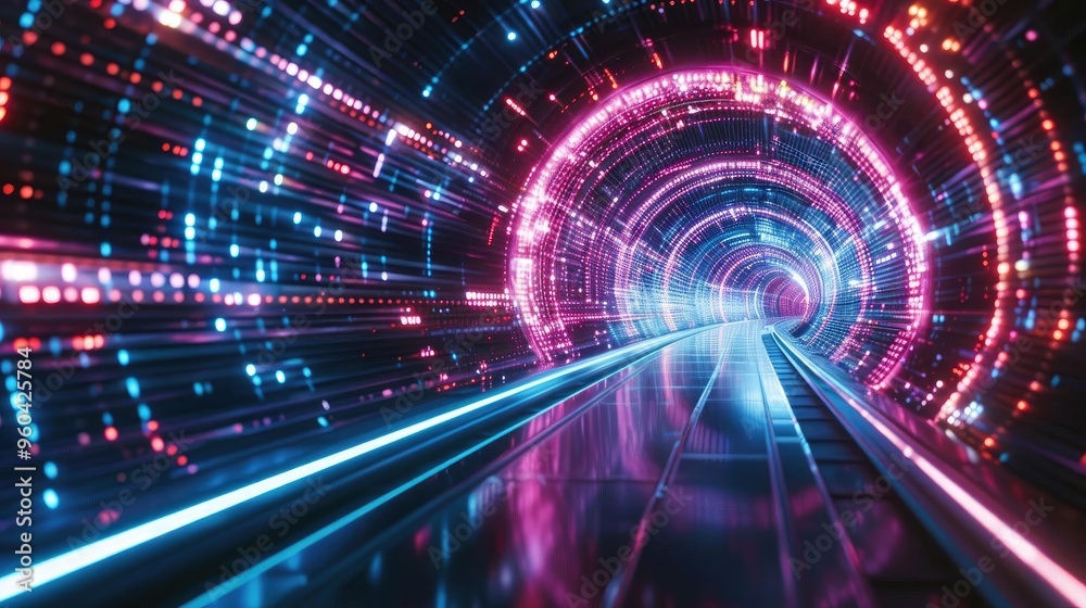 Poster futuristic tunnel with vibrant lights creating a sense of speed and depth, showcasing technology and